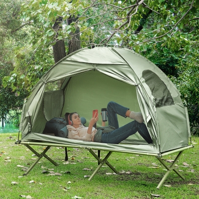 Outsunny Compact Pop Up Portable Folding Outdoor Elevated Camping Cot Tent Combo Set Dark Green