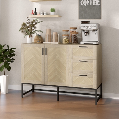 HOMCOM Buffet Cabinet, Coffee Bar Cabinet with Drawers and Adjustable Shelf, Oak
