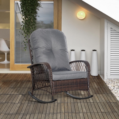 Outsunny Rattan Rocking Chair, Outdoor Wicker Patio Rocker Chair Furniture with Thick Cushions, for Garden Backyard Porch, Grey
