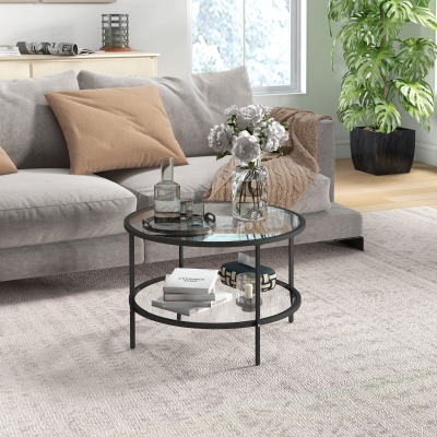 HOMCOM 2-Tier Round Side Table with Glass Top, Steel Frame