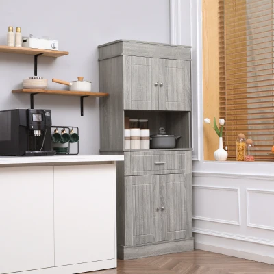 HOMCOM 72" Kitchen Buffet Pantry Cabinet with Hutch, Gray Wood Grain