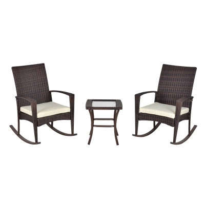 Outsunny 3 Pieces Patio Wicker Rocking Chair Set,  Outdoor PE Rattan Bistro Set Conversation Rocker Set with 2 Chairs 1 Coffee Table for Backyard, Deck, Poolside, Cream White