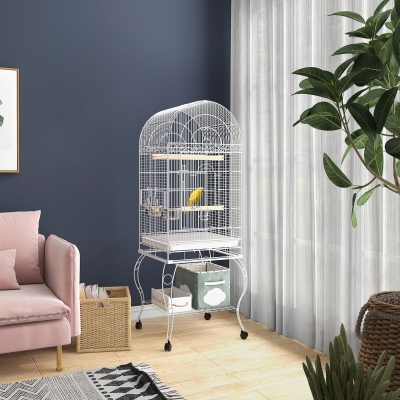 PawHut Play Open Top Bird Cage 60" Parrot Cage for Cockatiel, Sun Conure with Rolling Stand, Removable Tray, Perches, Storage Shelf White, 20.1" x 20.1"
