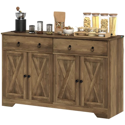 HOMCOM Sideboard Cabinet with 2 Drawers, 4 Barn Doors and 2 Adjustable Shelves, Buffet Table for Living Room, Light Brown