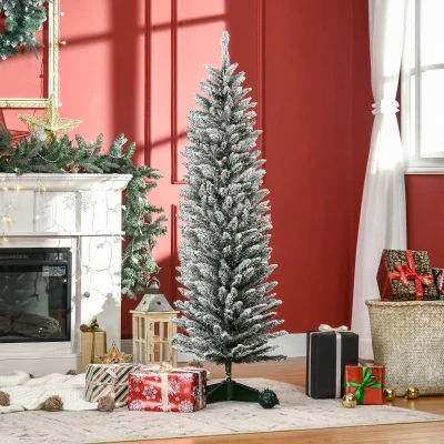 HOMCOM 5' Snow Flocked Slim Christmas Tree with Plastic Stand, Green