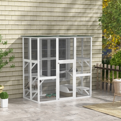 PawHut Large Outdoor Catio Enclosure, Wooden Cat Patio with 6 Balanced Platforms and Asphalt Roof, 70.9" x 38.6" x 70.9", White