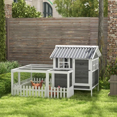 PawHut Wooden Chicken Coop with Run for 3-4 Chickens, 68" x 59" x 42"(m-2)