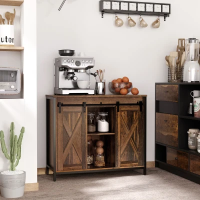 HOMCOM Industrial Coffee Bar Cabinet with Sliding Barn Doors, Rustic Brown