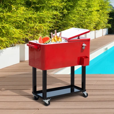 Outsunny 80 QT Rolling Ice Chest Cooler Cart, Red