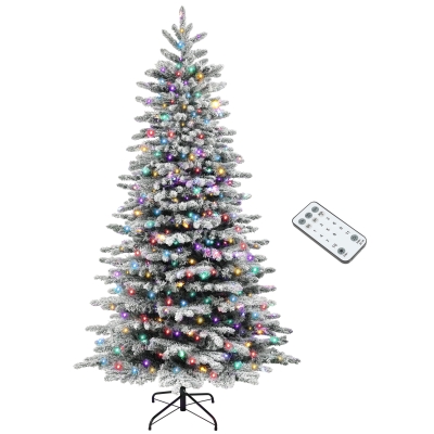HOMCOM 7.5ft Pre-Lit Snow Flocked Christmas Tree with 500 LEDs, Green