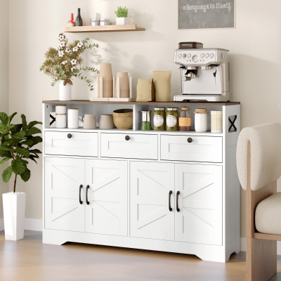 HOMCOM Sideboard, Buffet Cabinet with 4 Barn Doors and 3 Drawers, Coffee Bar Cabinet with Adjustable Shelves, White