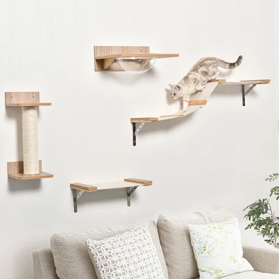 PawHut Cat Tree 4pc Mounted Shelf Set with Hammock, Beige
