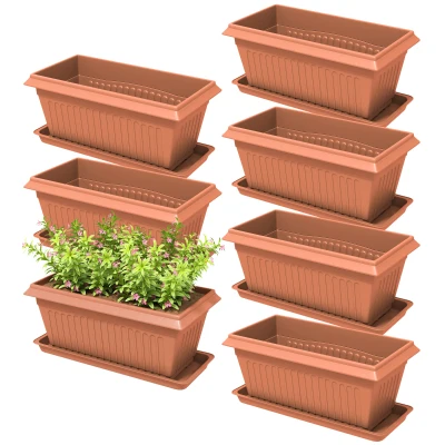 Outsunny 7 Pack 15.7" Plastic Flower Planters with Drainage Holes and Trays, Plant Pots for Indoor Outdoor Plants, Brown