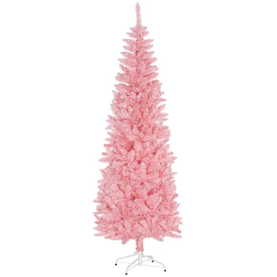 HOMCOM 7ft Tall Pencil Artificial Christmas Tree with 687 Branch Tips with Steel Base, Pink