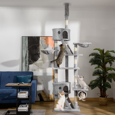 PawHut 94"-102" Huge Cat Tree Ceiling High Cat Condo Scratching Post Activity Center Multi-Level Play House Light Grey