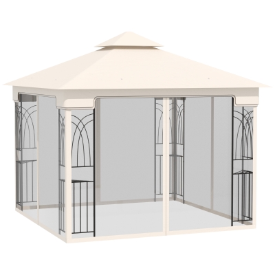 Outsunny 10'x10' Soft-top Patio Gazebo with Double Tier Roof, Mesh Curtains, Display Shelves, Top Hooks, Cream