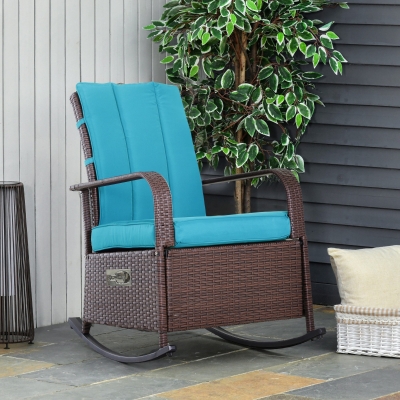 Outsunny Outdoor Wicker Rocking Chair Patio PE Rattan Recliner Chair with Cushion, Adjustable Footrest, Armrests, Turquoise