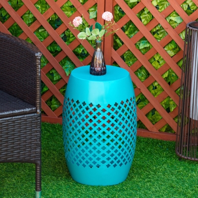 Outsunny 12.5" Steel Patio End Table, Round Hollow Drum Side Table, Accent Table for Indoor and Outdoor, Teal