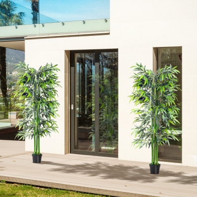 Outsunny Set of 2 6FT Artificial Bamboo Tree Fake Decorative Plant with Nursery Pot for Indoor Outdoor Décor