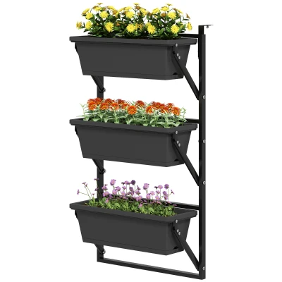 Outsunny 3-Tier Wall-Mounted Planter Box with 3 Pots, Vertical Planters for Outdoor Plants, Dark Grey