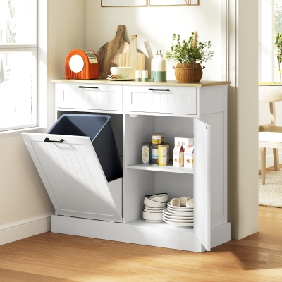 HOMCOM Hidden Garbage Bin Cabinet, Tilt Out Trash Cabinet w/ 2 Drawers, Freestanding Kitchen Island for Laundry, White
