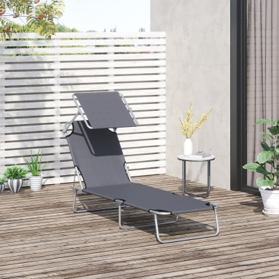 Outsunny Outdoor Lounge Chair, Adjustable Folding Chaise Lounge,  Tanning Chair with Sun Shade for Beach, Camping, Hiking, Backyard, Grey