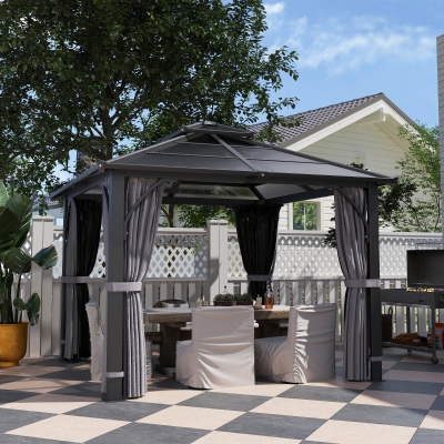 Outsunny 10' x 10' Hardtop Gazebo with 7mm Double Polycarbonate Roof, Outdoor Gazebo with Netting and Curtains