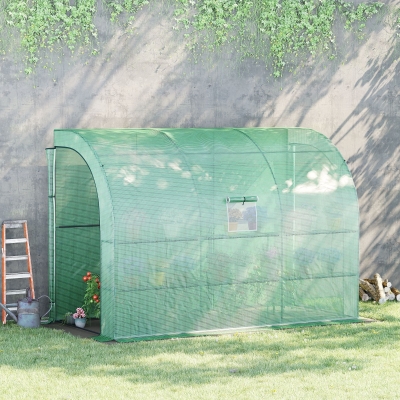 Outsunny Walk-in Wall Lean-to Greenhouse, 10' x 5' x 7' Outdoor Gardening Green House with PE Cover, Windows, Shelves and 2 Zipper Doors, Green