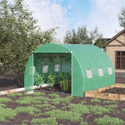 Outsunny 10' x 10' x 6.5' Walk-in Tunnel Greenhouse with High-Quality Transparent PE Cover, Zipper Doors, & Windows