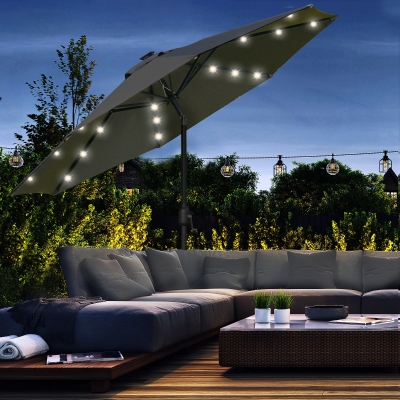 Outsunny 9ft Solar Patio Umbrella Outdoor Sunshade 24 LED Lights Tilt Canopy, Charcoal Grey