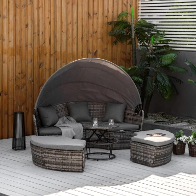Outsunny 4-Piece Round Rattan Daybed Set, Gray Outdoor Sofa