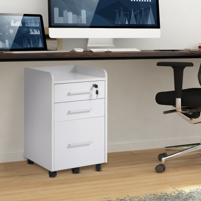 HOMCOM 3 Drawer File Cabinet with Lock and Edged Top, Lockable Filing Cabinet on Wheels for Letter and A4 Size, White