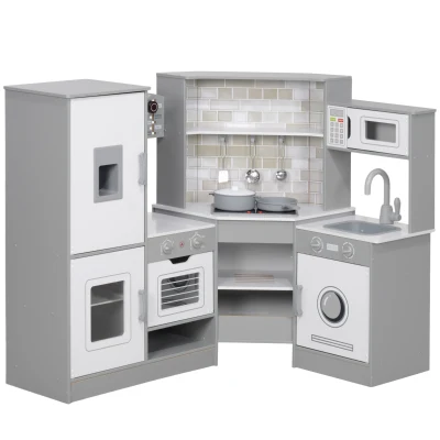 Qaba Corner Play Kitchen, Pretend Play Kitchen Set with Lights & Sounds, Stove Ice Maker Microwave Oven