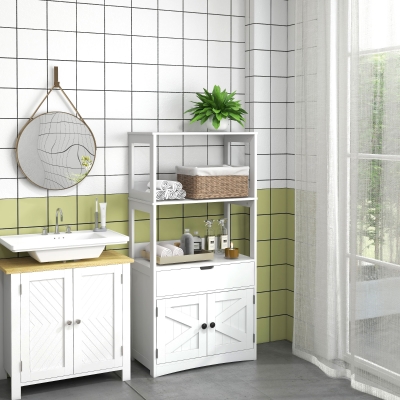kleankin Farmhouse Bathroom Storage Cabinet, Linen Cabinet with Drawer and Shelves, 23.5" x 13" x 48.5", White