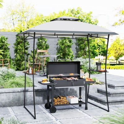 Outsunny 8' x 5' Outdoor Grill Gazebo, Double Tiered Barbecue Grill Gazebo Shelter with 2 Side Shelves and Hook, Light Grey