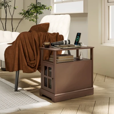 HOMCOM Narrow End Table with Charging Station & Storage, Brown