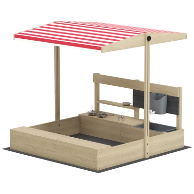 Outsunny Kids Sandbox with Cover Kitchen Playset Toys, Wooden Sand Box with Seat, Storage, for 3-7 Years Old, Natural Wood