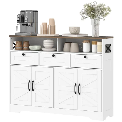 HOMCOM Sideboard, Buffet Cabinet with 4 Barn Doors and 3 Drawers, Coffee Bar Cabinet with Adjustable Shelves, White