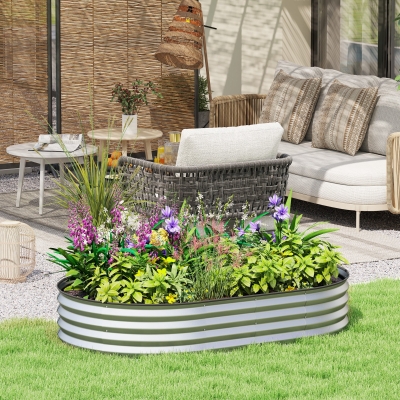 Outsunny 5' x 3' x 1' Large Outdoor Planter Box, Galvanized Raised Garden Bed with Metal Plant Stake, Silver