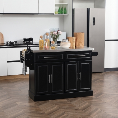 HOMCOM Rolling Kitchen Island with Storage and Stainless Steel Top, Kitchen Trolley with Drawers, Cabinets, Towel Rack