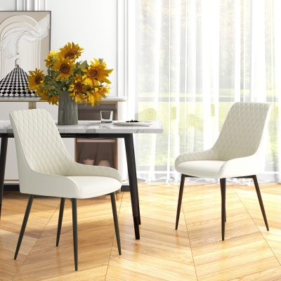 HOMCOM Upholstered Kitchen Chairs, Modern Dining Chairs Set of 2 with Diamond Tufting and Steel Legs for Dining Room, Cream White