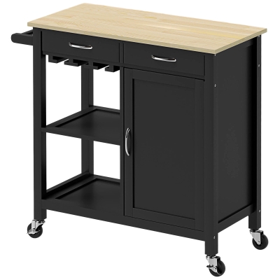 HOMCOM Kitchen Storage Trolley Cart Serving Cart 2 Drawers Wine Glass Rack Towel Rail