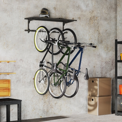 Soozier Bike Storage Rack for 5 Bikes, Wall Mounted Bicycle Rack with Shelf and Adjustable Hooks for Indoor Outdoor Use, Black