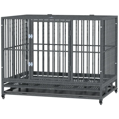 PawHut 43″ Heavy Duty Dog Crate with Lockable Wheels, Gray
