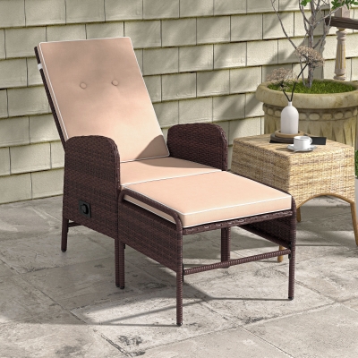 Outsunny 2 Pieces Patio Reclining Chair Set with Stool, Cushions, Outdoor Wicker Conversation Armchair Set, Brown