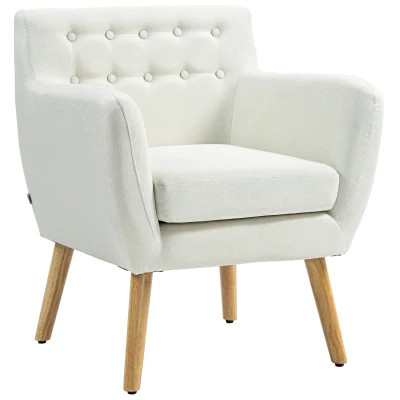 HOMCOM Linen Upholstery Armchair, Mid-Century Modern Accent Chair with Wood Frame and Thick Padding, Cream White