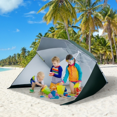 Outsunny 7.5FT 2-in-1 Umbrella Shelter with Carry Bag, Beach Sport Umbrella with Silver Coated UPF50+ UV Protection Dark Green