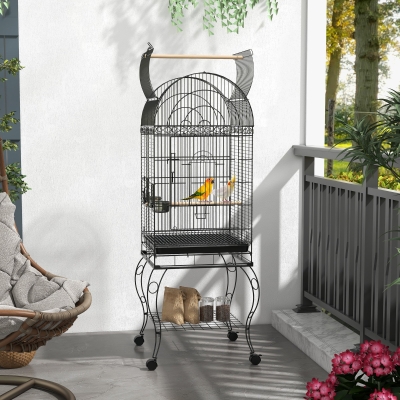 PawHut Play Open Top Bird Cage 60" Parrot Cage for Cockatiel, Sun Conure with Rolling Stand, Removable Tray, Perches, Storage Shelf Black, 20.1" x 20.1"