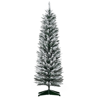 HOMCOM 5' Snow Flocked Slim Christmas Tree with Plastic Stand, Green