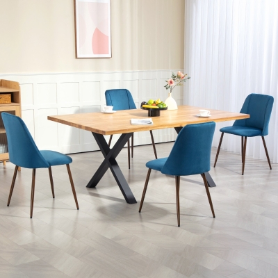 HOMCOM Upholstered Dining Chairs Set of 4, Velvet Accent Chair with Back and Wood-grain Steel Leg for Kitchen, Dark Blue